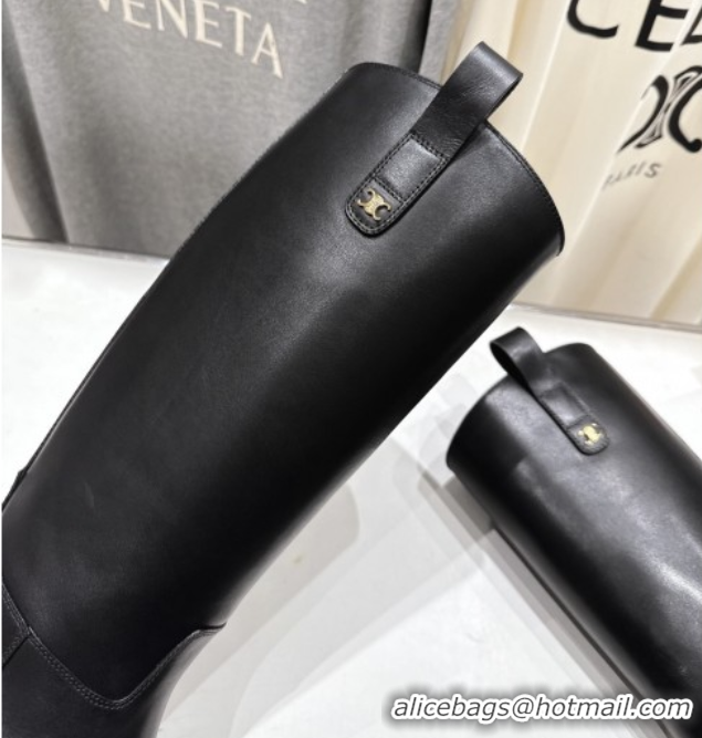 Cheap Price Celine Flat High Boots in Waxed Calfskin Leather with Triomphe Logo Strap Black 2025 CE102403 1024052