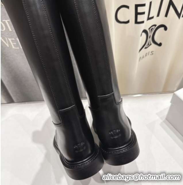 Cheap Price Celine Flat High Boots in Waxed Calfskin Leather with Triomphe Logo Strap Black 2025 CE102403 1024052