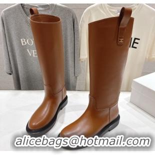 Good Looking Celine Flat High Boots in Waxed Calfskin Leather with Triomphe Logo Strap Brown 2025 CE102403 1024053