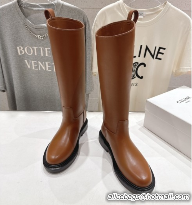 Good Looking Celine Flat High Boots in Waxed Calfskin Leather with Triomphe Logo Strap Brown 2025 CE102403 1024053