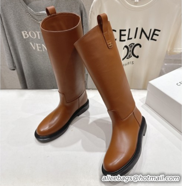 Good Looking Celine Flat High Boots in Waxed Calfskin Leather with Triomphe Logo Strap Brown 2025 CE102403 1024053