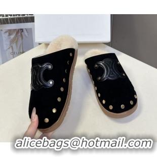 Best Product Celine Pitea Clog Flat Mules in Suede and Wool with Studs Black 1024054