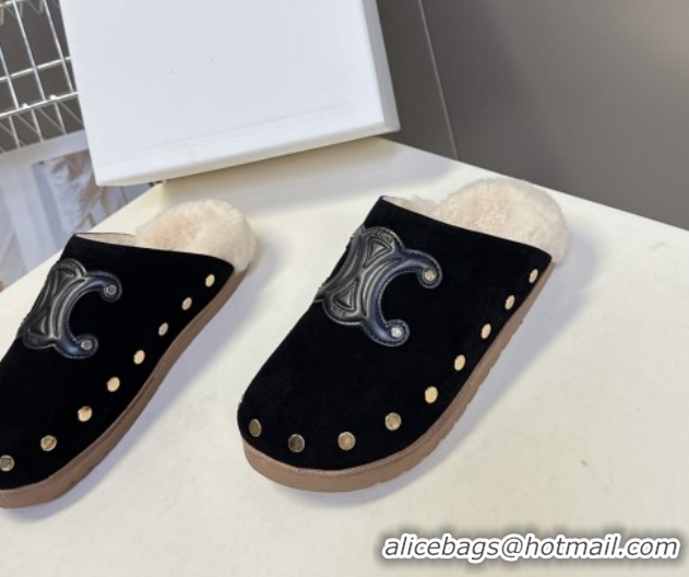 Best Product Celine Pitea Clog Flat Mules in Suede and Wool with Studs Black 1024054