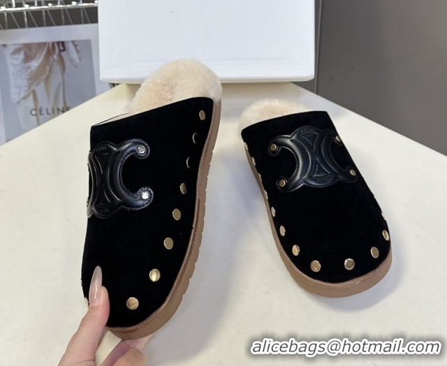 Best Product Celine Pitea Clog Flat Mules in Suede and Wool with Studs Black 1024054