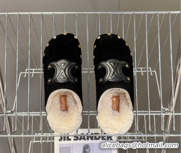 Best Product Celine Pitea Clog Flat Mules in Suede and Wool with Studs Black 1024054