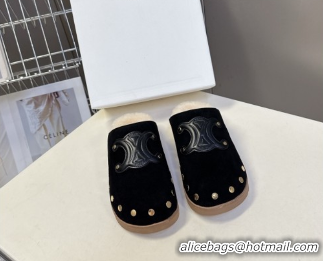 Best Product Celine Pitea Clog Flat Mules in Suede and Wool with Studs Black 1024054