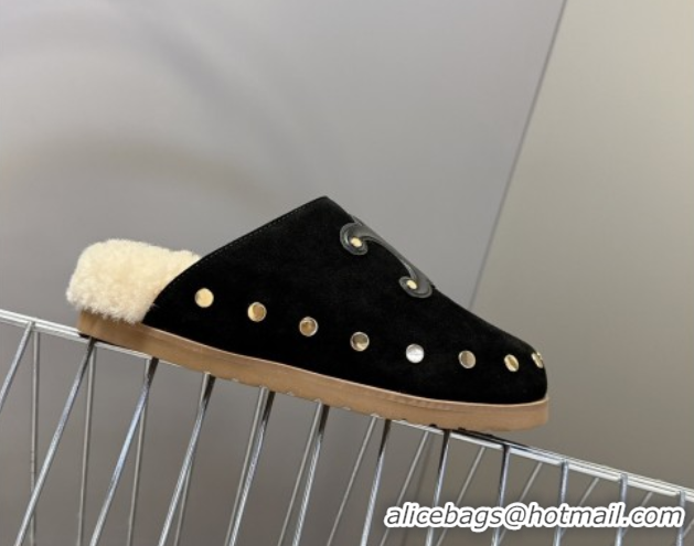 Best Product Celine Pitea Clog Flat Mules in Suede and Wool with Studs Black 1024054
