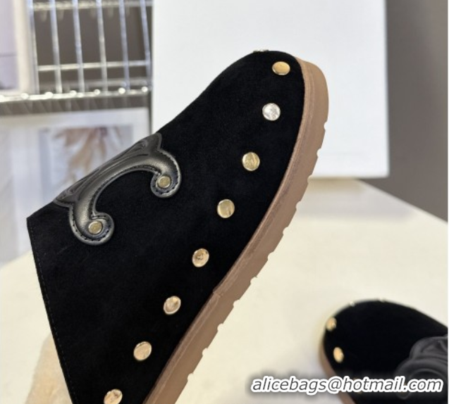 Best Product Celine Pitea Clog Flat Mules in Suede and Wool with Studs Black 1024054