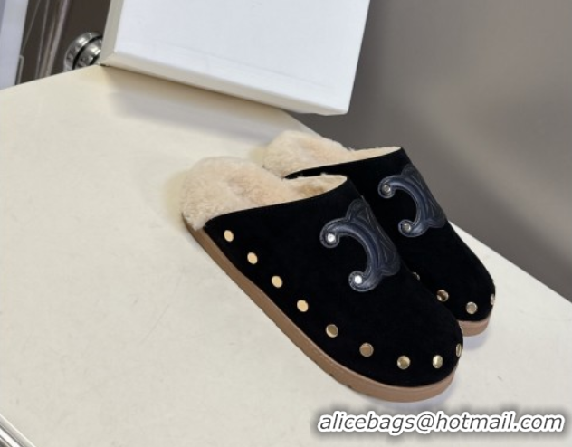 Best Product Celine Pitea Clog Flat Mules in Suede and Wool with Studs Black 1024054