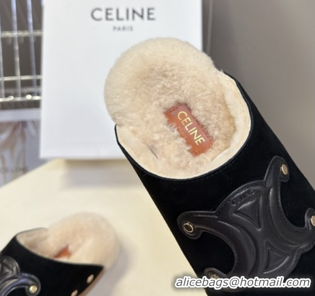Best Product Celine Pitea Clog Flat Mules in Suede and Wool with Studs Black 1024054