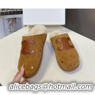 Popular Style Celine Pitea Clog Flat Mules in Suede and Wool with Studs Brown 1024055
