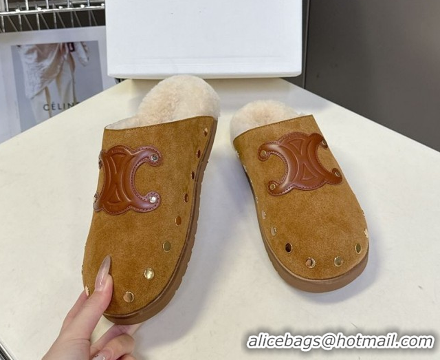Popular Style Celine Pitea Clog Flat Mules in Suede and Wool with Studs Brown 1024055
