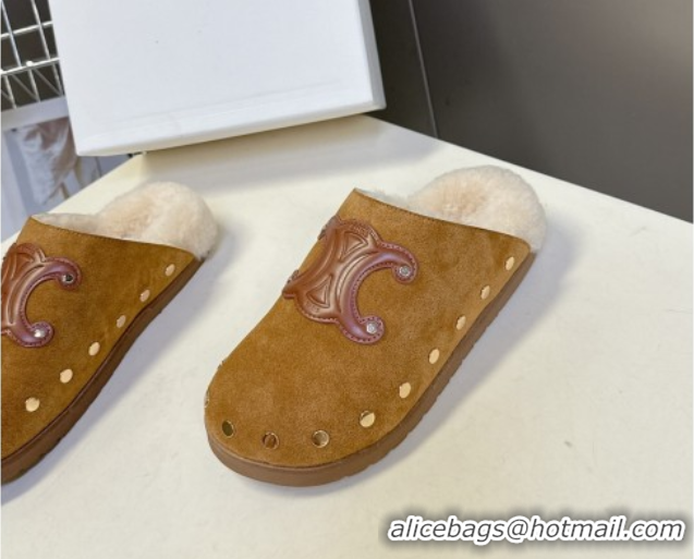 Popular Style Celine Pitea Clog Flat Mules in Suede and Wool with Studs Brown 1024055