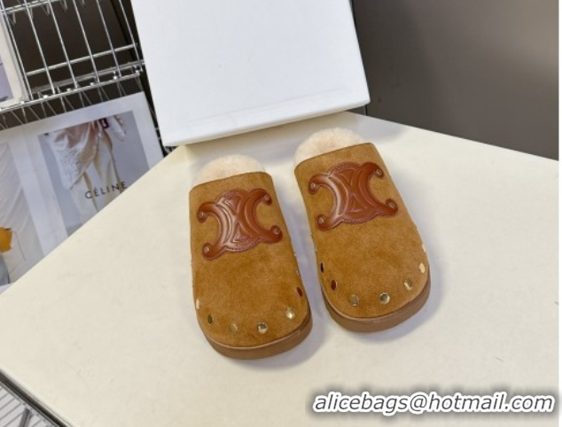 Popular Style Celine Pitea Clog Flat Mules in Suede and Wool with Studs Brown 1024055