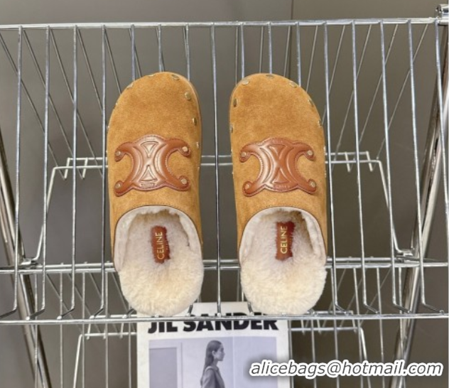 Popular Style Celine Pitea Clog Flat Mules in Suede and Wool with Studs Brown 1024055