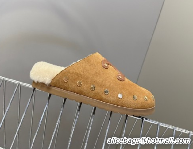 Popular Style Celine Pitea Clog Flat Mules in Suede and Wool with Studs Brown 1024055