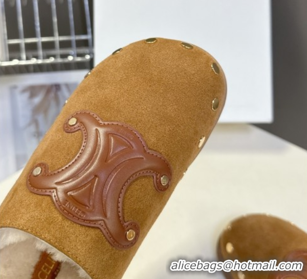 Popular Style Celine Pitea Clog Flat Mules in Suede and Wool with Studs Brown 1024055