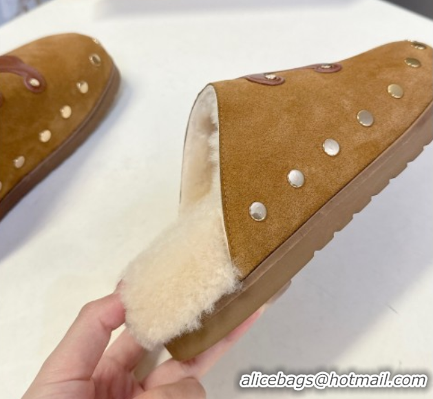 Popular Style Celine Pitea Clog Flat Mules in Suede and Wool with Studs Brown 1024055