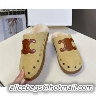 Low Price Celine Pitea Clog Flat Mules in Suede and Wool with Studs Yellow 1024056