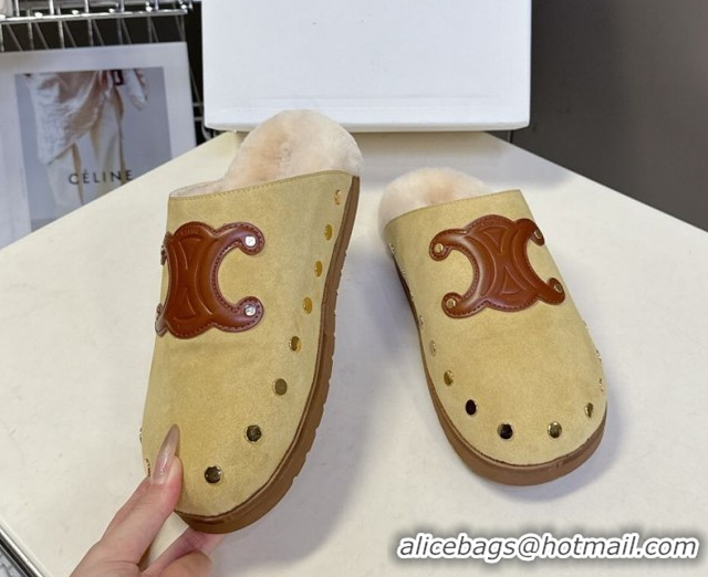 Low Price Celine Pitea Clog Flat Mules in Suede and Wool with Studs Yellow 1024056
