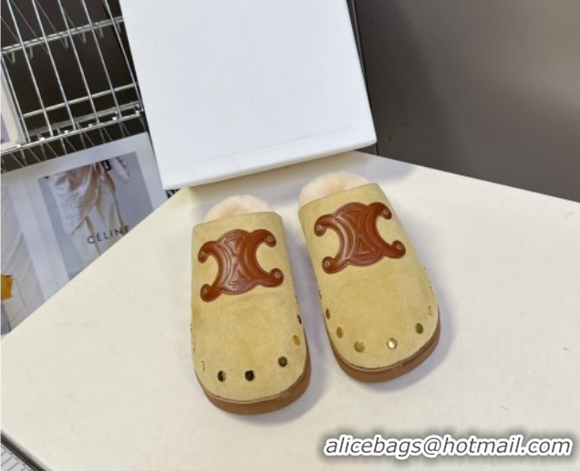 Low Price Celine Pitea Clog Flat Mules in Suede and Wool with Studs Yellow 1024056