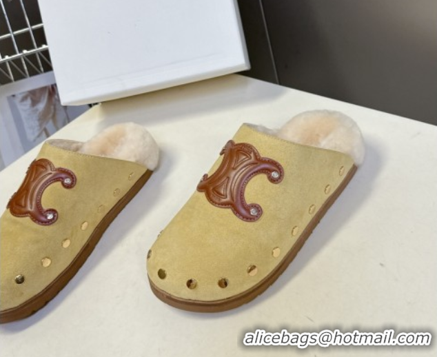 Low Price Celine Pitea Clog Flat Mules in Suede and Wool with Studs Yellow 1024056