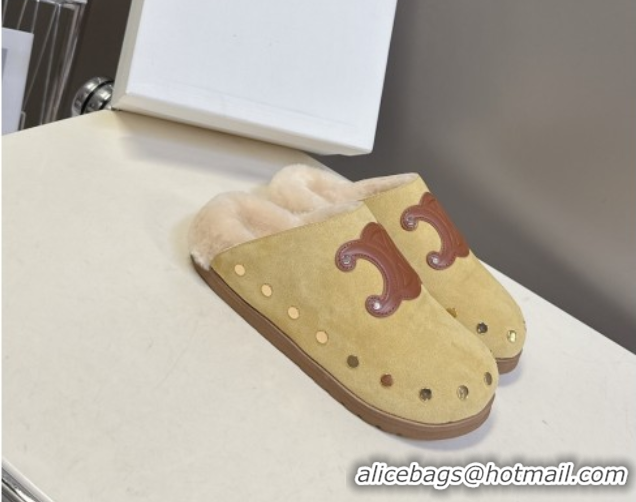 Low Price Celine Pitea Clog Flat Mules in Suede and Wool with Studs Yellow 1024056