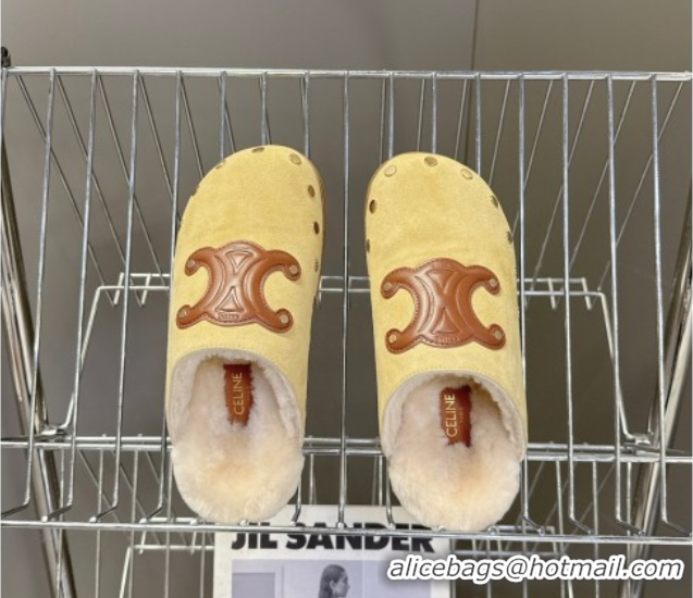 Low Price Celine Pitea Clog Flat Mules in Suede and Wool with Studs Yellow 1024056