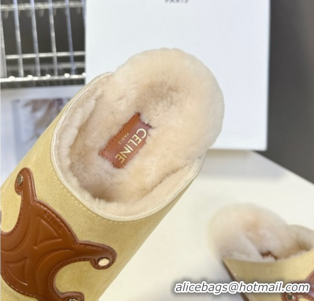 Low Price Celine Pitea Clog Flat Mules in Suede and Wool with Studs Yellow 1024056