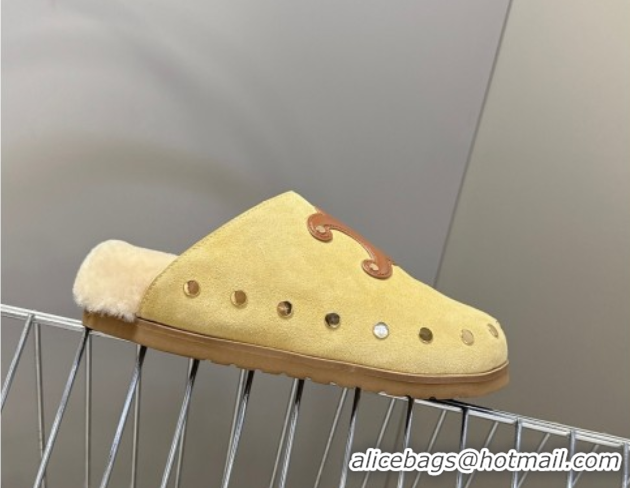 Low Price Celine Pitea Clog Flat Mules in Suede and Wool with Studs Yellow 1024056