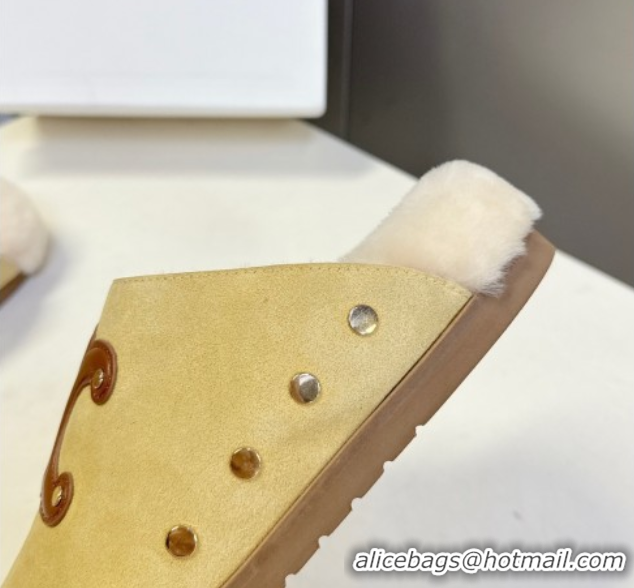 Low Price Celine Pitea Clog Flat Mules in Suede and Wool with Studs Yellow 1024056