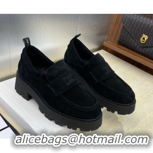 Good Quality Celine Triomphe Platform Loafers 5cm in Suede with Logo Strap Black 2025 CE102404 1024057