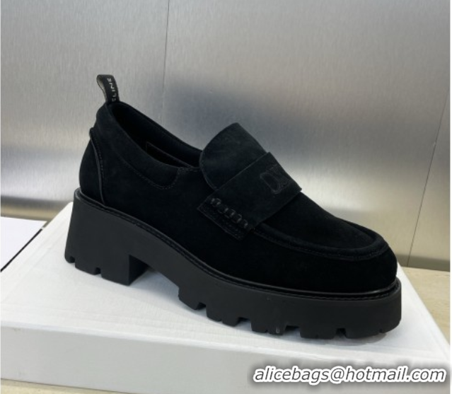 Good Quality Celine Triomphe Platform Loafers 5cm in Suede with Logo Strap Black 2025 CE102404 1024057