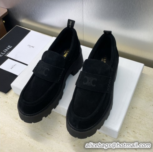 Good Quality Celine Triomphe Platform Loafers 5cm in Suede with Logo Strap Black 2025 CE102404 1024057