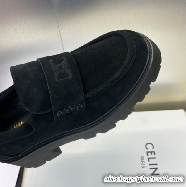 Good Quality Celine Triomphe Platform Loafers 5cm in Suede with Logo Strap Black 2025 CE102404 1024057