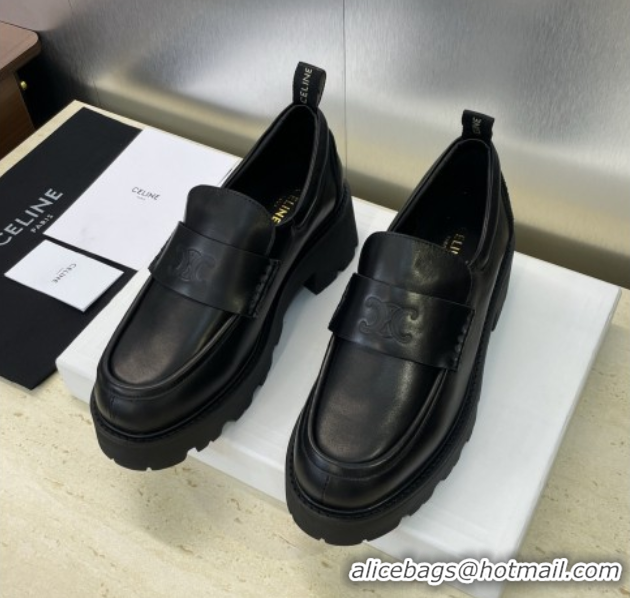 Big Discount Celine Triomphe Platform Loafers 5cm in Calfskin Leather with Logo Strap Black 2025 CE102404 1024059