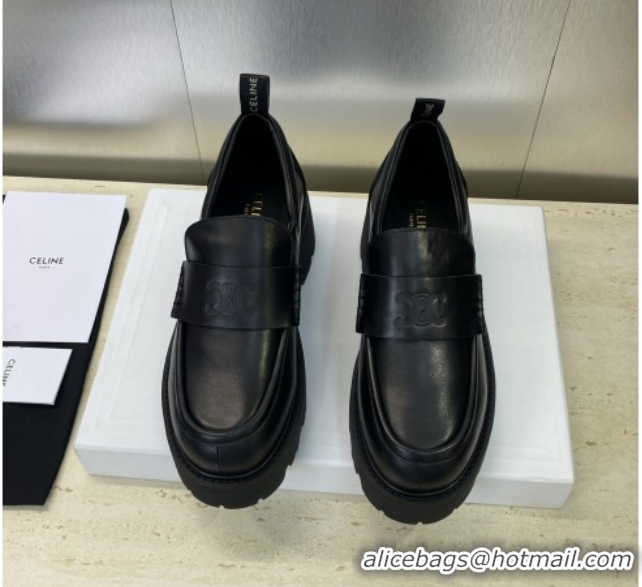 Big Discount Celine Triomphe Platform Loafers 5cm in Calfskin Leather with Logo Strap Black 2025 CE102404 1024059