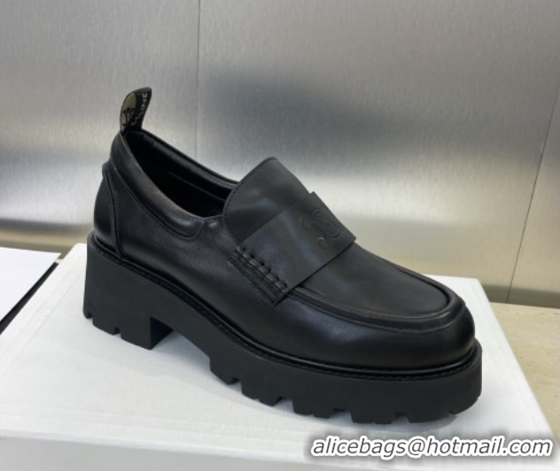 Big Discount Celine Triomphe Platform Loafers 5cm in Calfskin Leather with Logo Strap Black 2025 CE102404 1024059