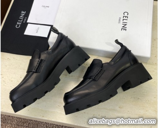 Big Discount Celine Triomphe Platform Loafers 5cm in Calfskin Leather with Logo Strap Black 2025 CE102404 1024059