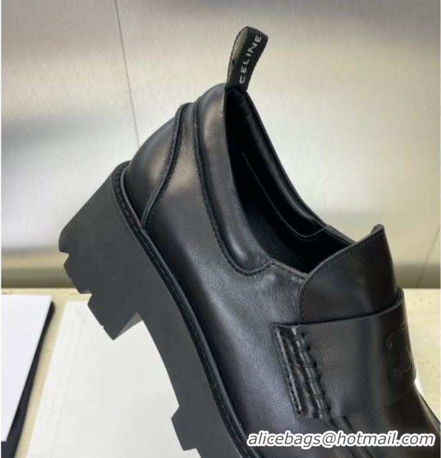 Big Discount Celine Triomphe Platform Loafers 5cm in Calfskin Leather with Logo Strap Black 2025 CE102404 1024059