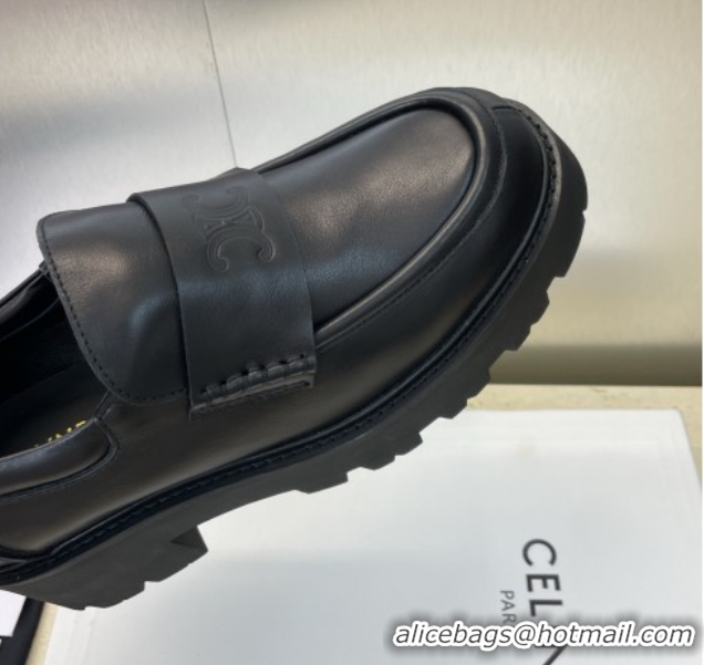 Big Discount Celine Triomphe Platform Loafers 5cm in Calfskin Leather with Logo Strap Black 2025 CE102404 1024059