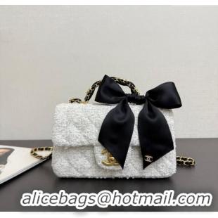 Grade Quality Chanel Tweed Mini Flap Bag with Top Handle with Bow AS5875 White 2025
