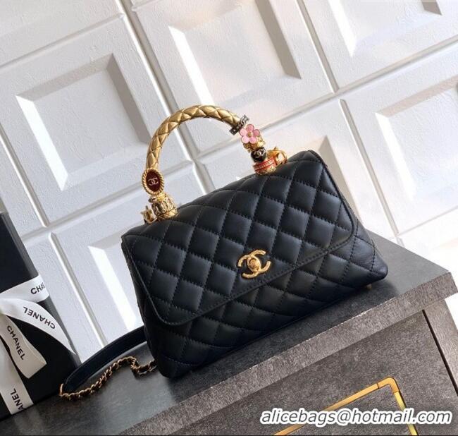 Best Price Chanel Calfskin Leather Small Flap Bag with Top Handle and Charm CH112701 Black 2025