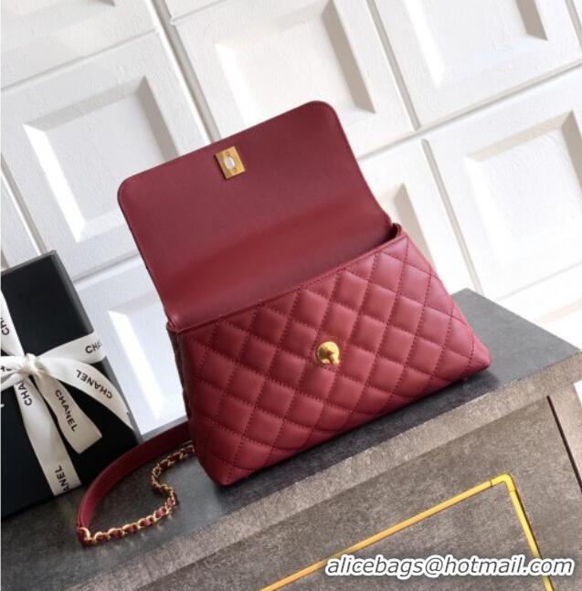 Best Design Chanel Calfskin Leather Small Flap Bag with Top Handle and Charm CH112701 Burgundy 2025