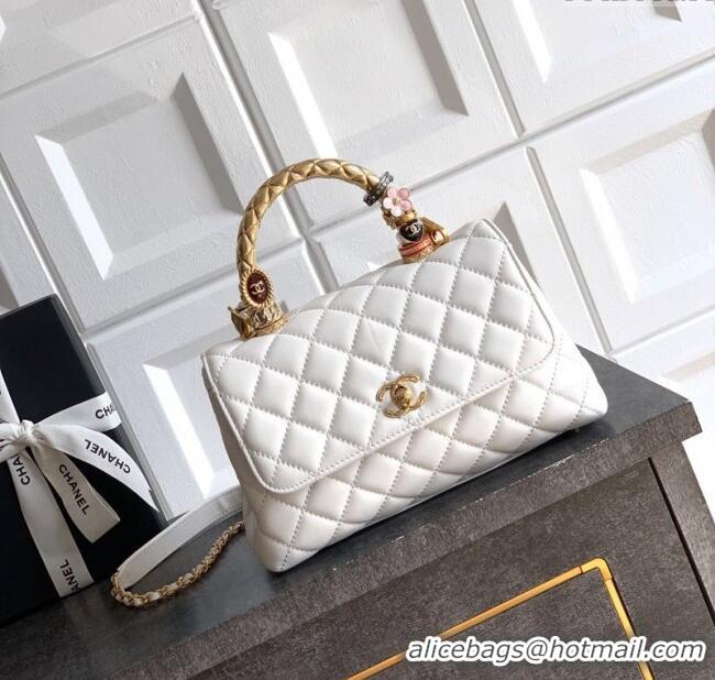 New Cheap Chanel Calfskin Leather Small Flap Bag with Top Handle and Charm CH112701 White 2025