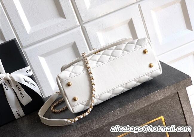New Cheap Chanel Calfskin Leather Small Flap Bag with Top Handle and Charm CH112701 White 2025