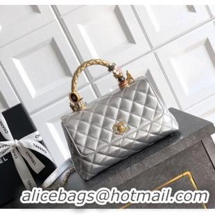 Best Price Chanel Calfskin Leather Small Flap Bag with Top Handle and Charm CH112701 Silver 2025