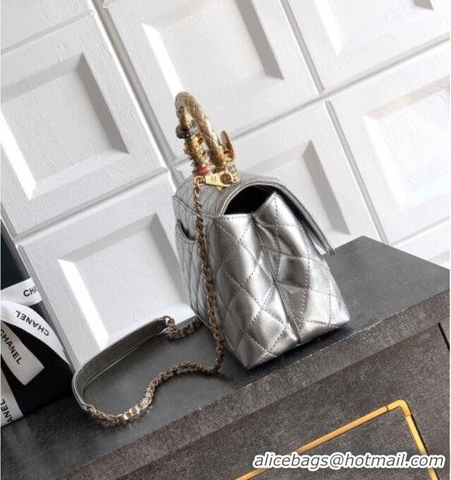 Best Price Chanel Calfskin Leather Small Flap Bag with Top Handle and Charm CH112701 Silver 2025