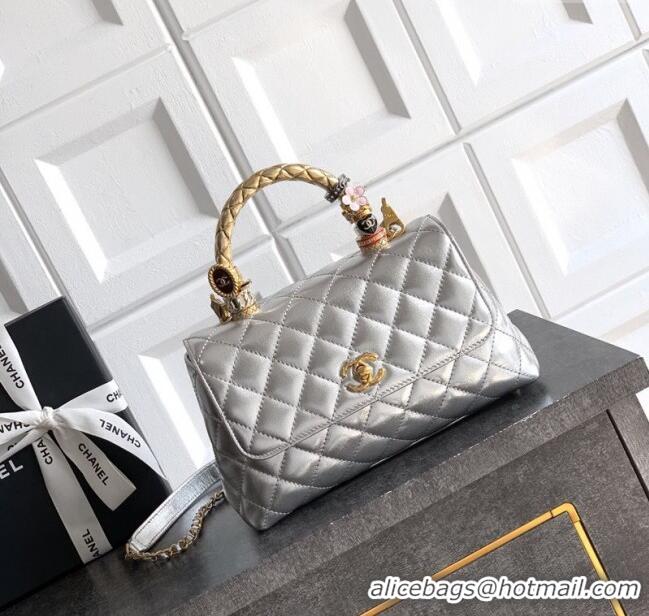 Best Price Chanel Calfskin Leather Small Flap Bag with Top Handle and Charm CH112701 Silver 2025