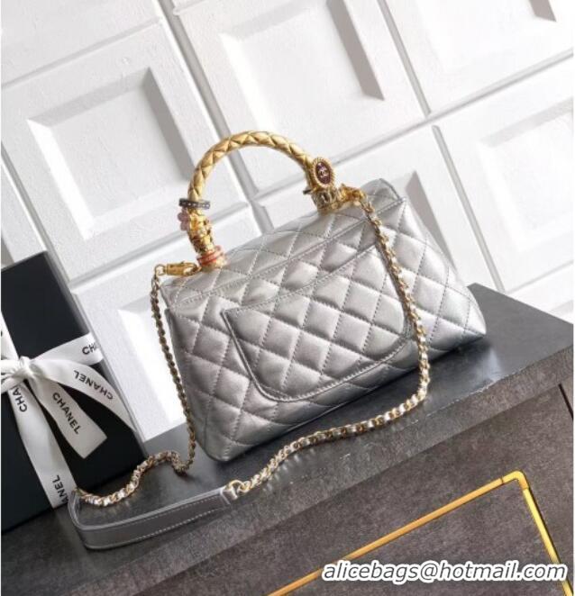 Best Price Chanel Calfskin Leather Small Flap Bag with Top Handle and Charm CH112701 Silver 2025